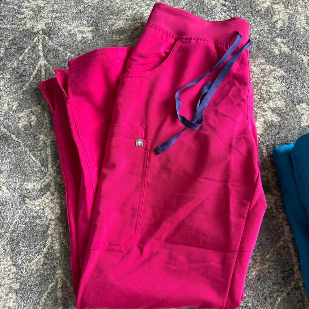 Figs Women's Scrub Pants in Ultra Rose with Blue Drawstring